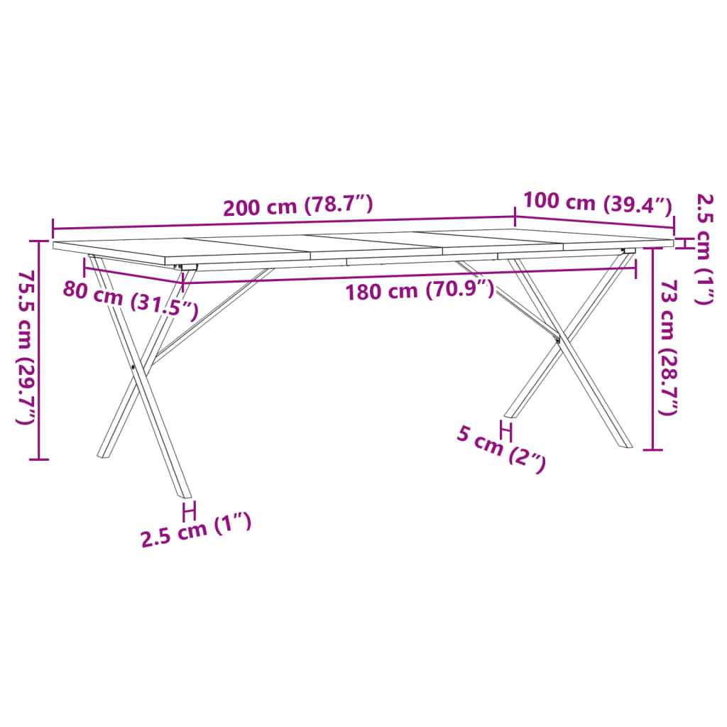Mesa de jantar estrutura X 200x100x75,5 cm pinho/ferro fundido