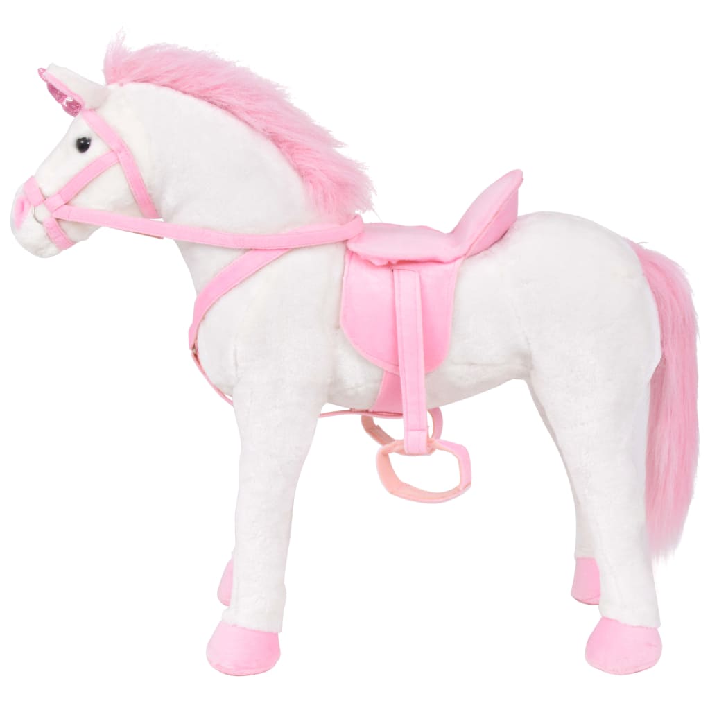 Brinquedo de montar unicórnio peluche branco e rosa XXL