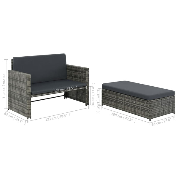 2 pcs conjunto lounge de jardim c/ almofadões vime PE cinzento