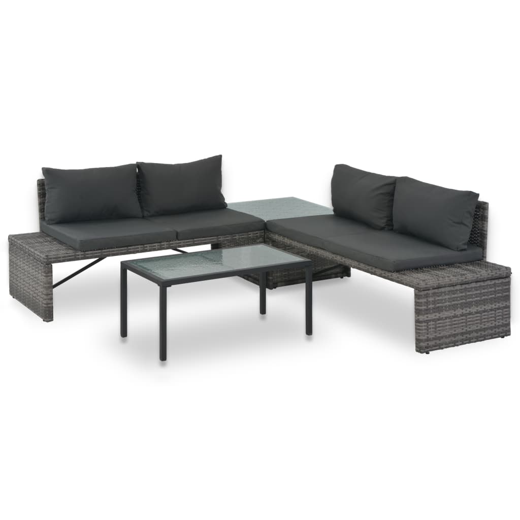 Conjunto lounge de jardim c/ almofadões 3 pcs vime PE cinzento