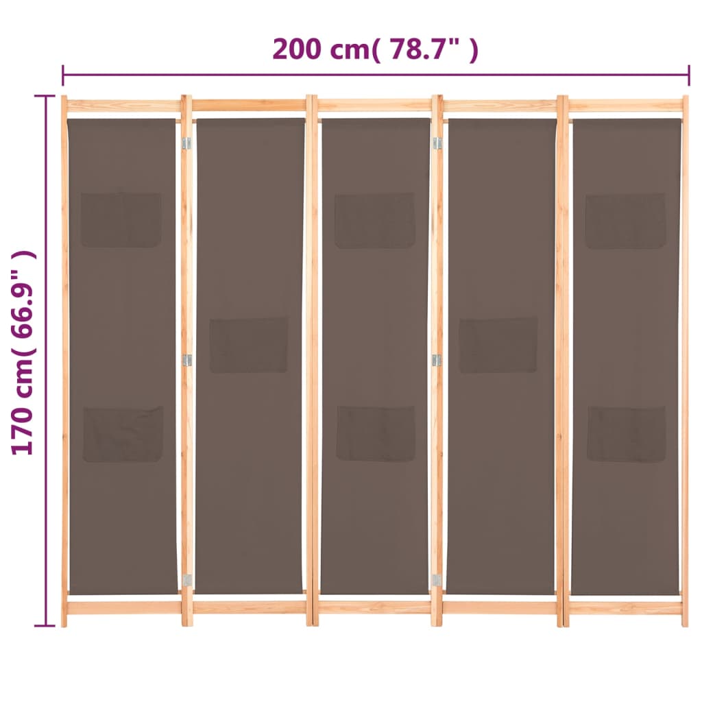 Divisória de quarto com 5 painéis 200x170x4 cm tecido castanho