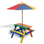 Mesa piquenique infantil + bancos/guarda-sol madeira multicor