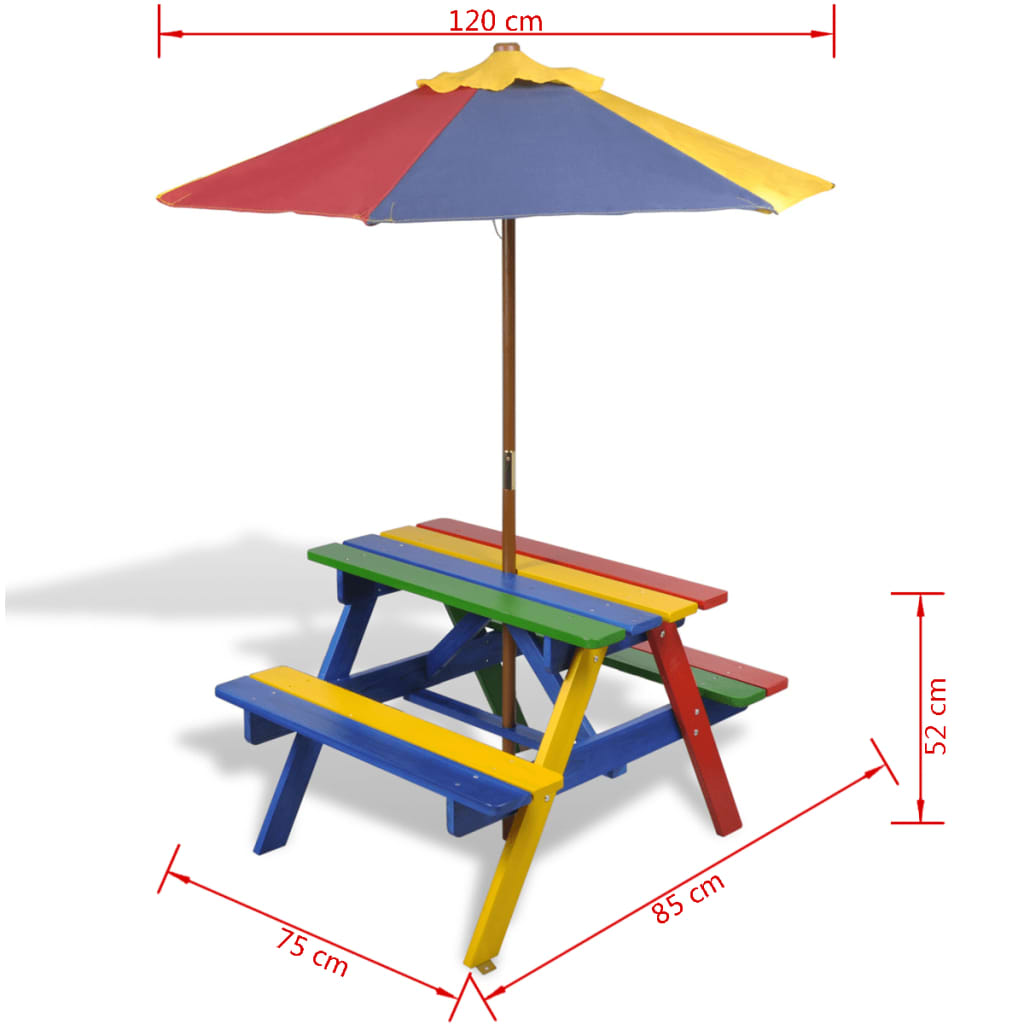 Mesa piquenique infantil + bancos/guarda-sol madeira multicor