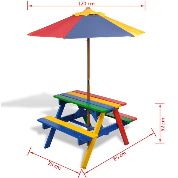 Mesa piquenique infantil + bancos/guarda-sol madeira multicor