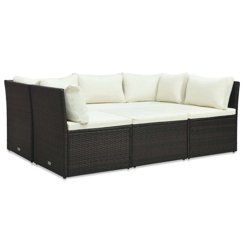 4 pcs conjunto lounge jardim c/ almofadões vime PE castanho