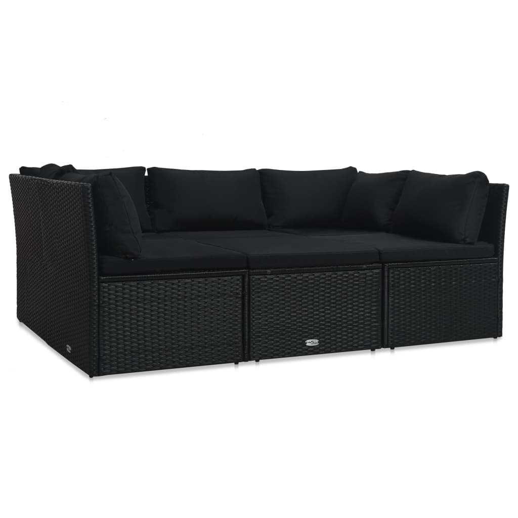 4 pcs conjunto lounge de jardim c/ almofadões vime PE preto