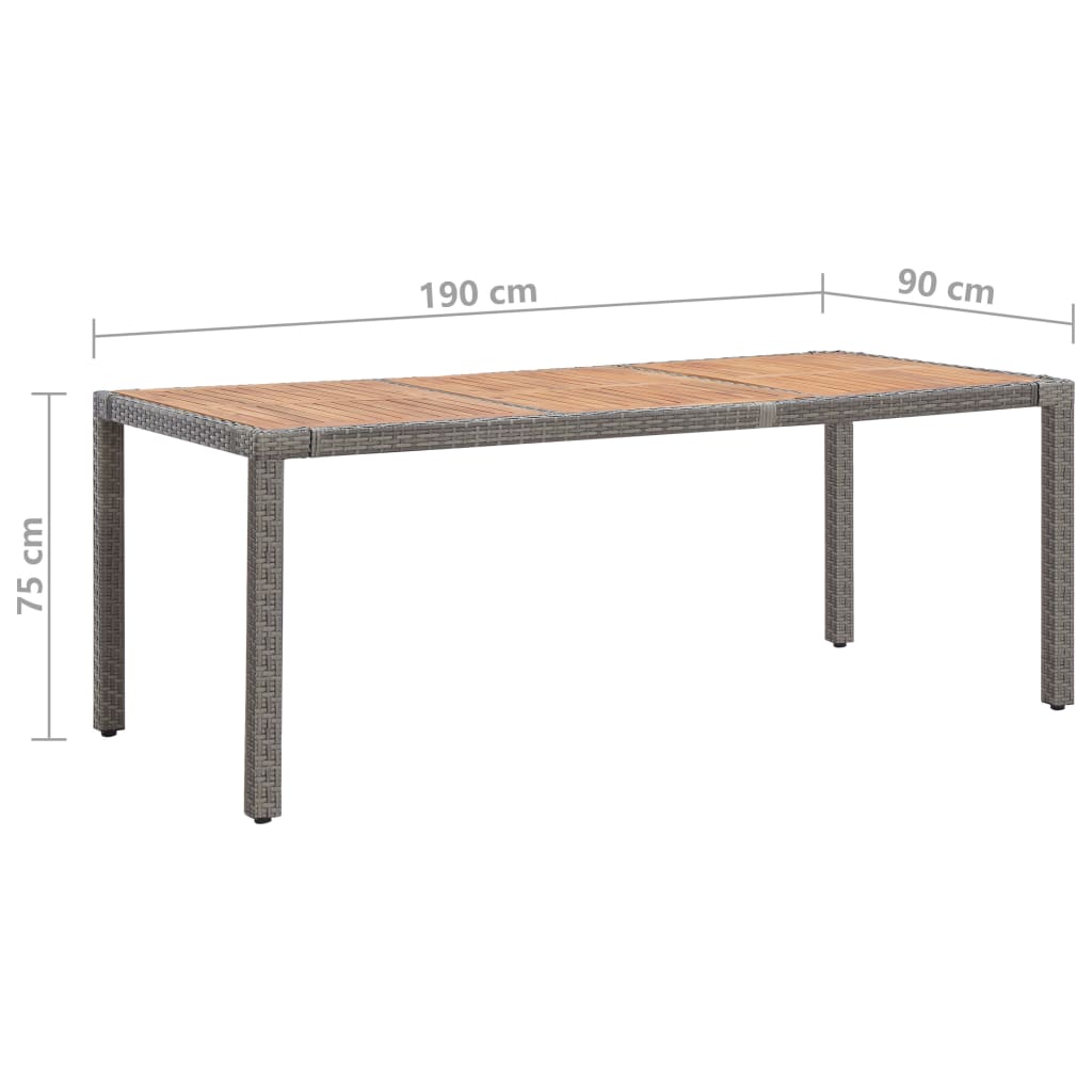 Mesa de jardim 190x90x75 cm vime PE/madeira acácia maciça cinza