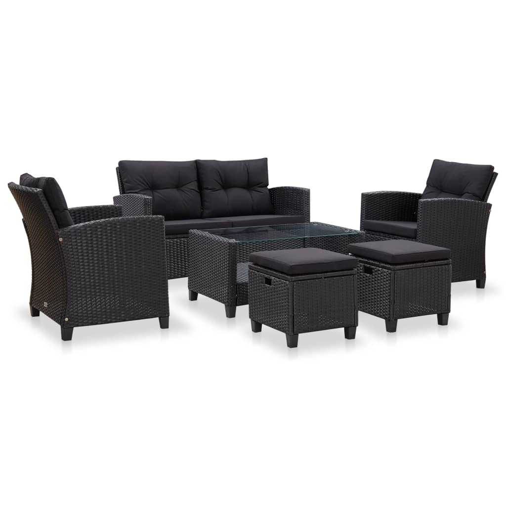 6 pcs conjunto sofás de jardim c/ almofadões vime PE preto