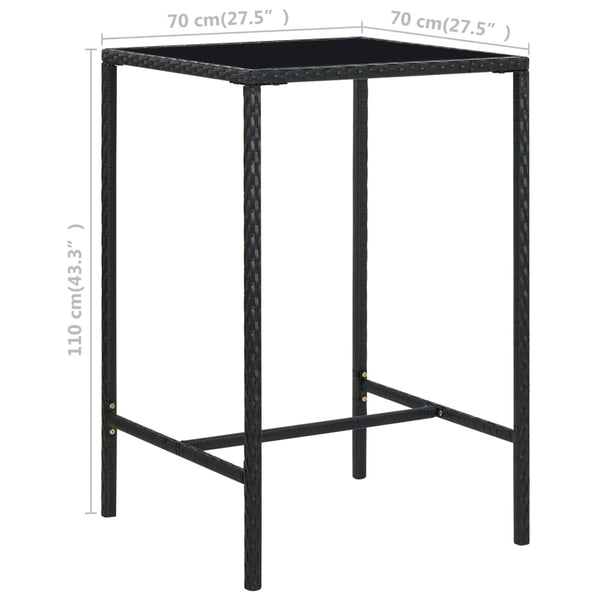 Mesa de bar para jardim 70x70x110 cm vidro e vime PE preto