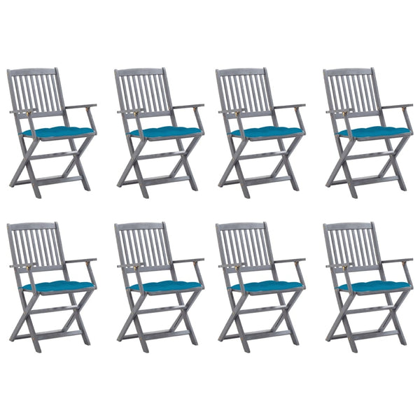 Cadeiras de exterior dobráveis 8pcs c/ almofadões acácia maciça